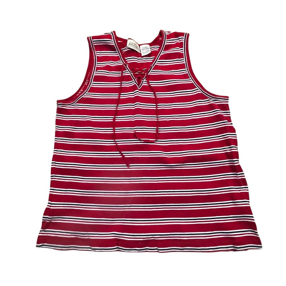 St Johns Bay Red Striped Lace Up Tank Top Womens XL‎ Sleeveless Y2K Summer